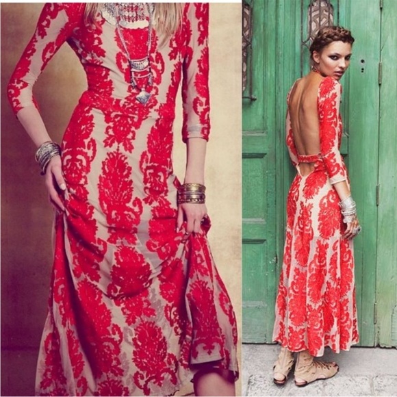 For Love and Lemons San Marcos Embroidered Lace Print Open Back Maxi Dress Red - Picture 10 of 10